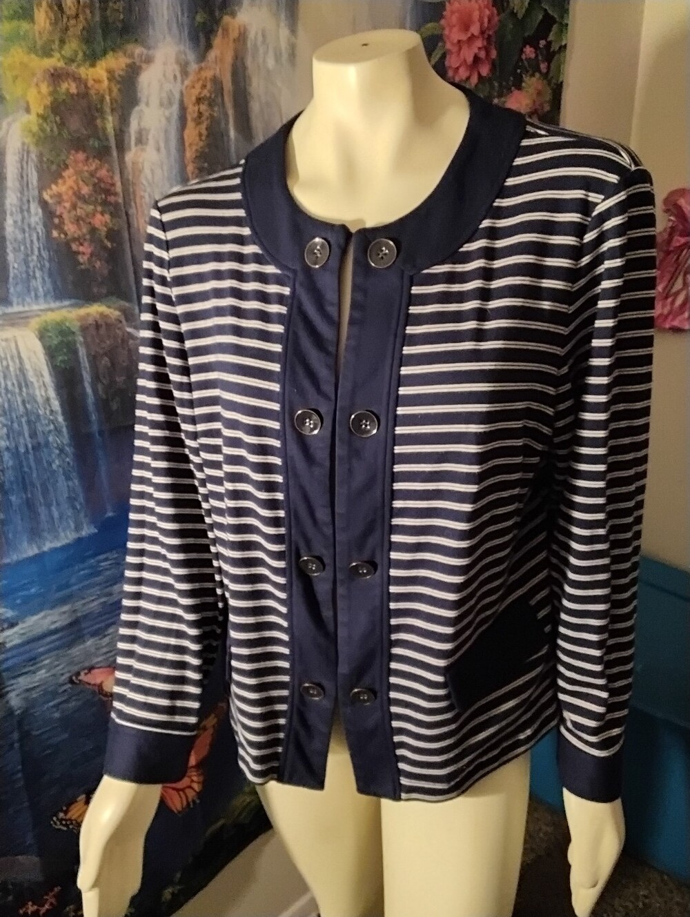 Chico's Size 3 Women’s Size 16 Navy & White Jacket W/ Hook & Eye Closures